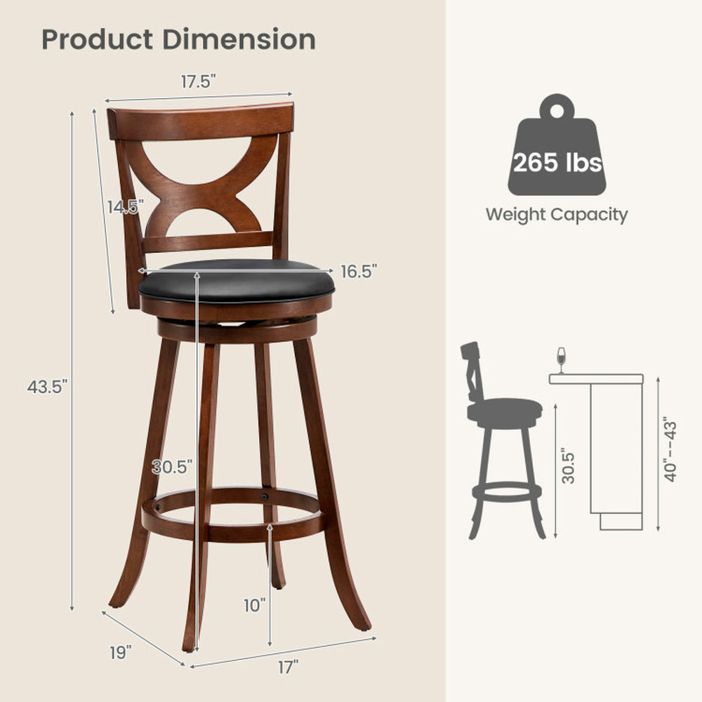 Demi Bonn 29" Set of 2 Swivel Bar Stools with Soft Cushion and Elegant Hollow Backrest, Modern Kitchen Dining Chair, Brown
