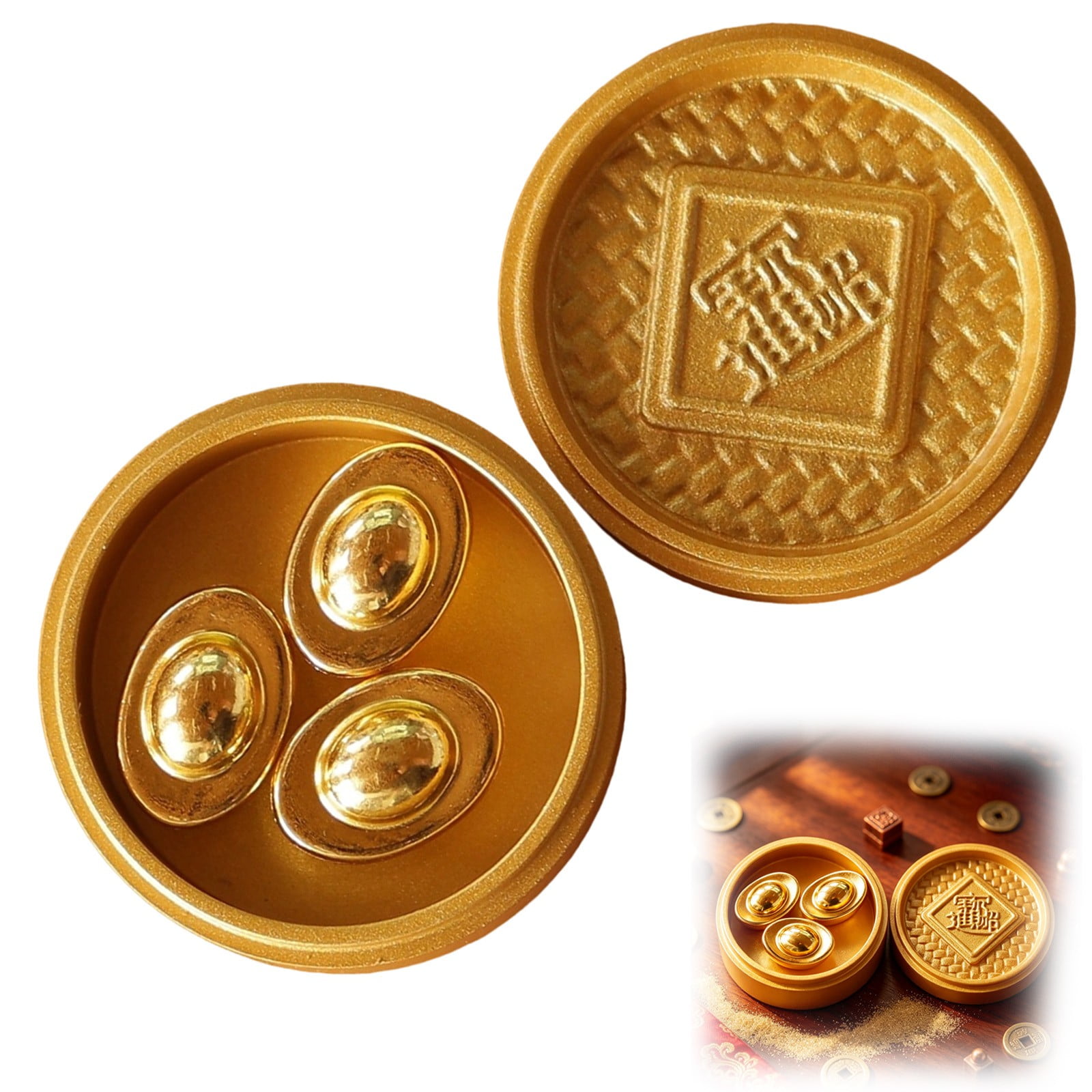 Golden Feng Shui Wealth‑Attracting Figurine Traditional Chinese Auspicious Desktop Ornament Fortune Symbol Tabletop Statue for Shelf Cabinet Display Housewarming Gold Ingot Steamer Gift Box