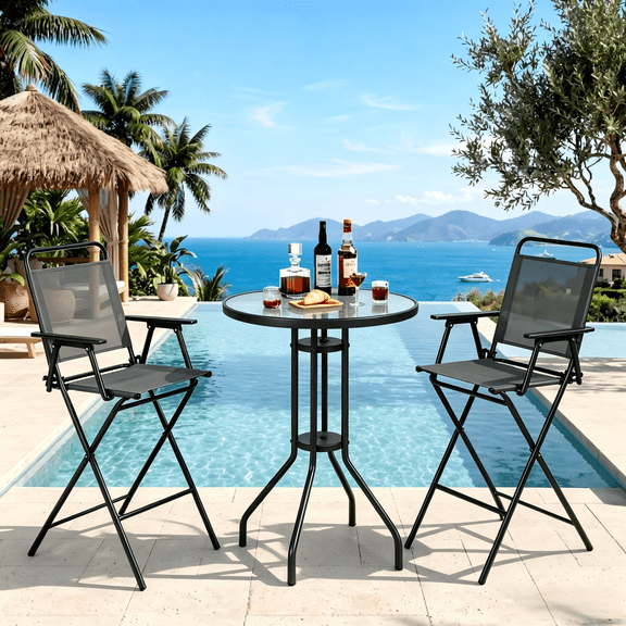 Abba Patio 3 PCS Outdoor Folding Bistro Barstools Set w/ Table for Balcony, Backyard, Poolside, Dark Grey