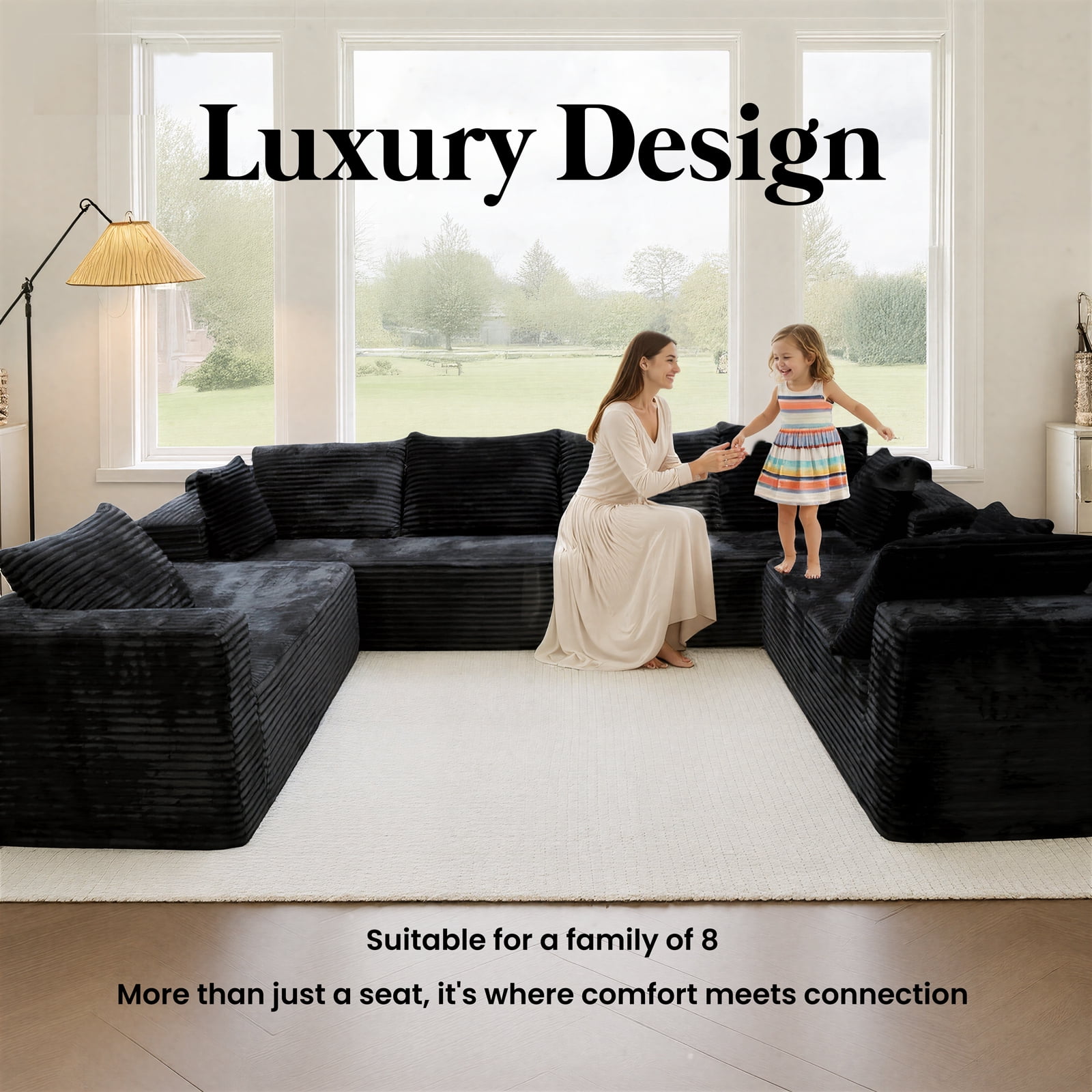 Kelyda 139'' U Shaped Sectional Couches, Modern Modular Boneless 8 Seater Large Foam Cloud Sofa Black