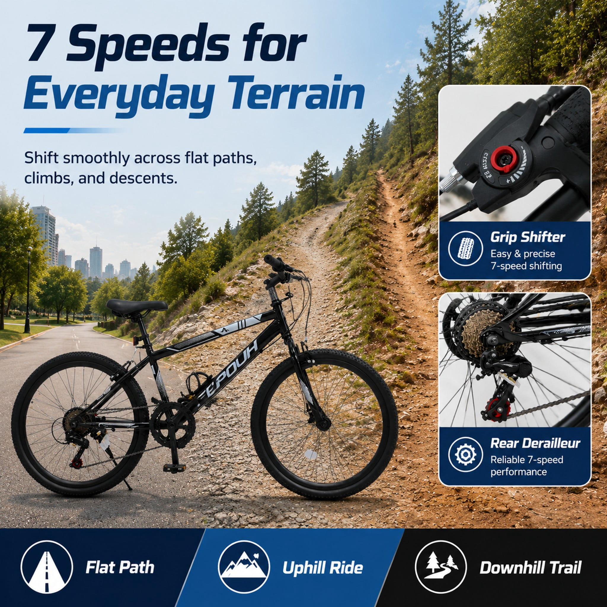 FUPOJH 24" Mountain Bikes for Men, Women & Boys, 7-Speed, V-Brakes, off-Road Tires,Black