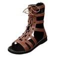 thumbnail image 6 of Rokment Womens Vintage Gothic Mid Calf Gladiator Flat Sandals Roman Beach Casual Studded Leather Lace up Wedge Low Heels Fisherman Dress Summer Shoes Brown Size 6, 6 of 7