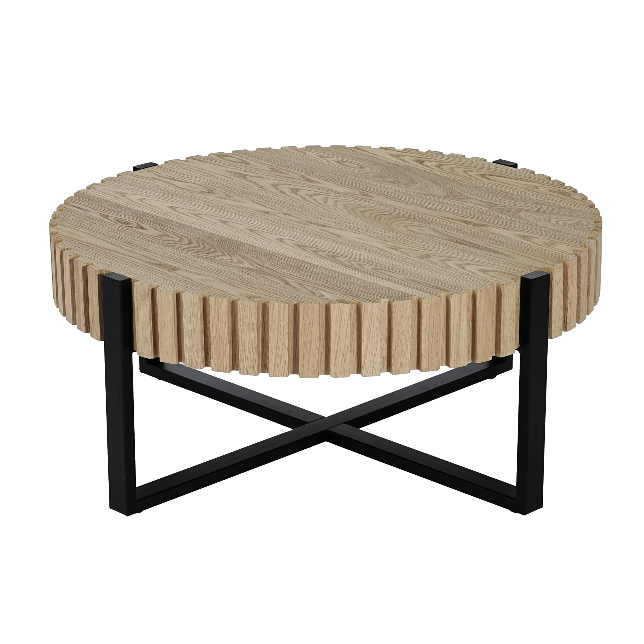 Christopher Knight Home 31" Round Coffee Table with Gear Design, Cross Metal Base, Black+Natural