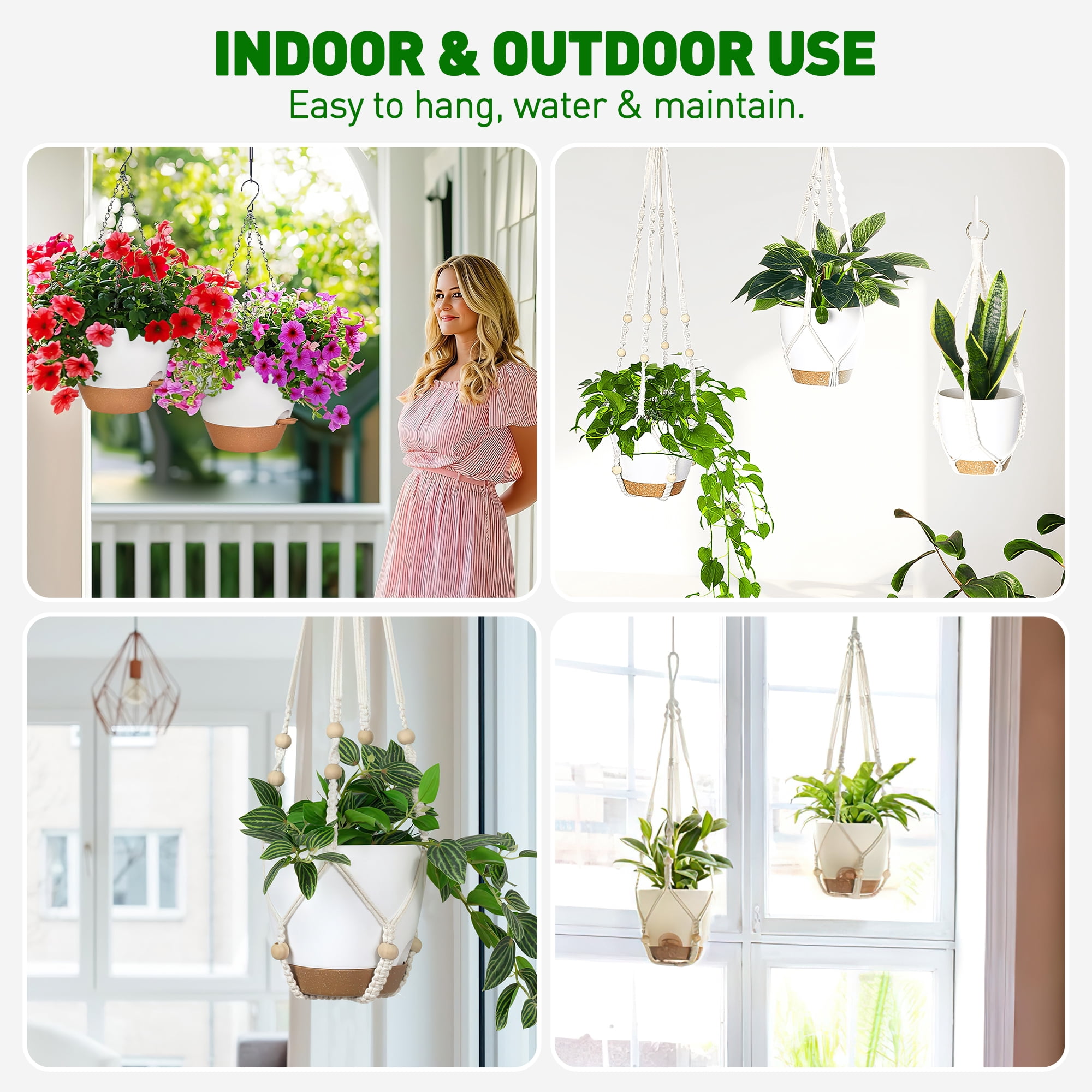 3-Pack Self Watering Hanging Plant Pots with Macrame Hangers, Plastic Planters with Drainage Holes and Saucers, Indoor Outdoor Flower Pots, Includes 3 Ceiling Hooks, 7"/6"/5.5" (White)