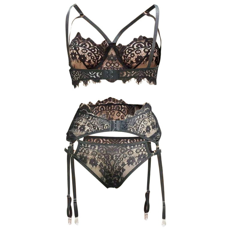 RQYYD Sexy Black Strappy Lace Bra and Thong Panties Set with
