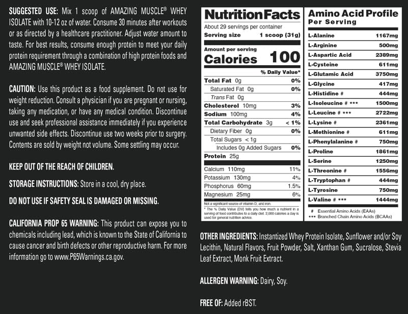 Amazing Muscle Whey Protein Isolate Powder 2Lbs Strawberry Flavor | 25 Grams Protein Per Serving | 29 Servings Supplement | 100% Whey Isolate | Made in USA