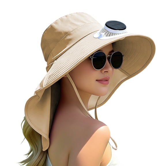 Women‘s Wide Brim Fan Hat, Solar USB Rechargeable Cooling Cap with Neck Flap for Outdoor
