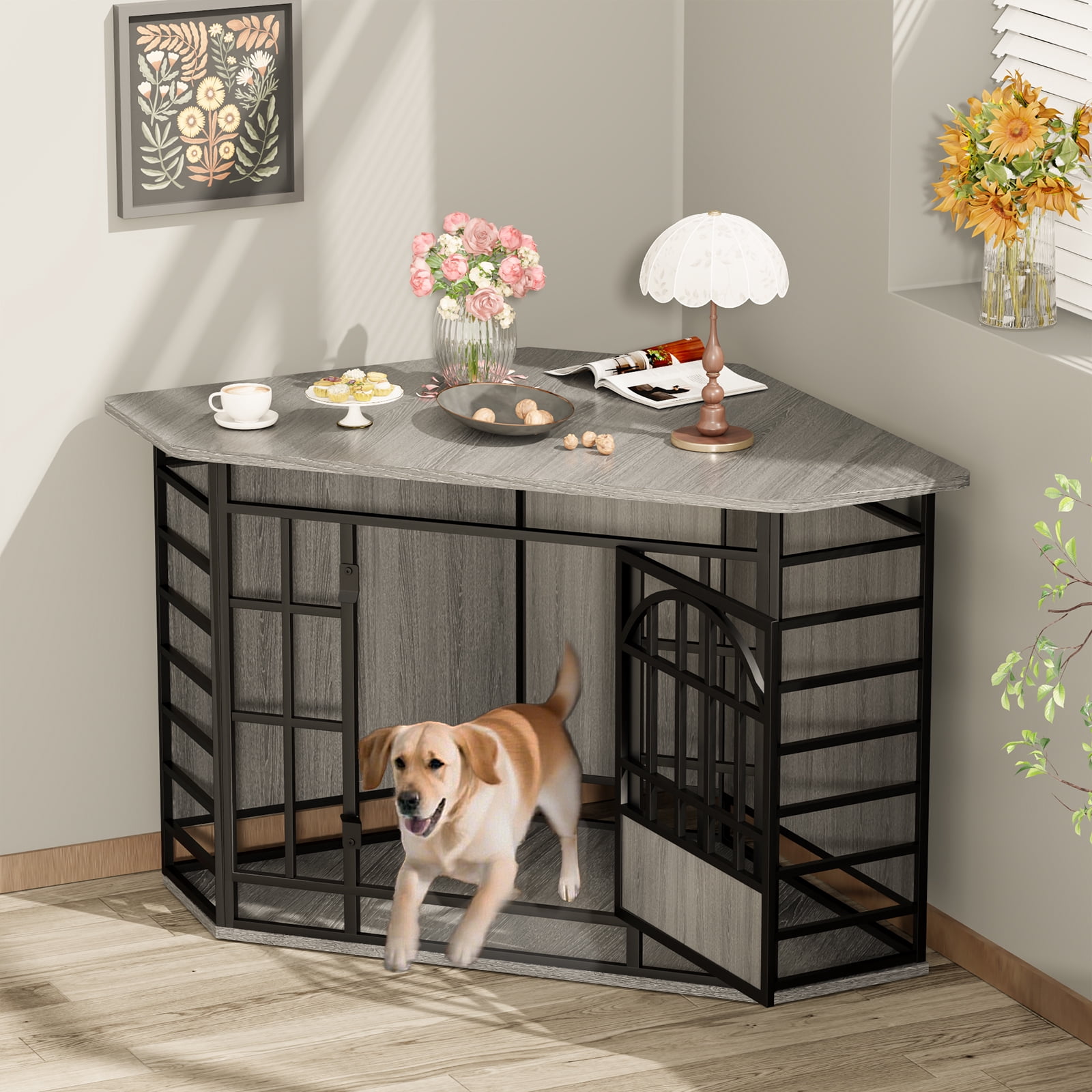 52 Inch Corner Dog Crate Furniture, Wooden Large Dog Kennel Indoor, Large Indoor Dog Cage Decorative Pet House for Medium & Large Dogs - Grey