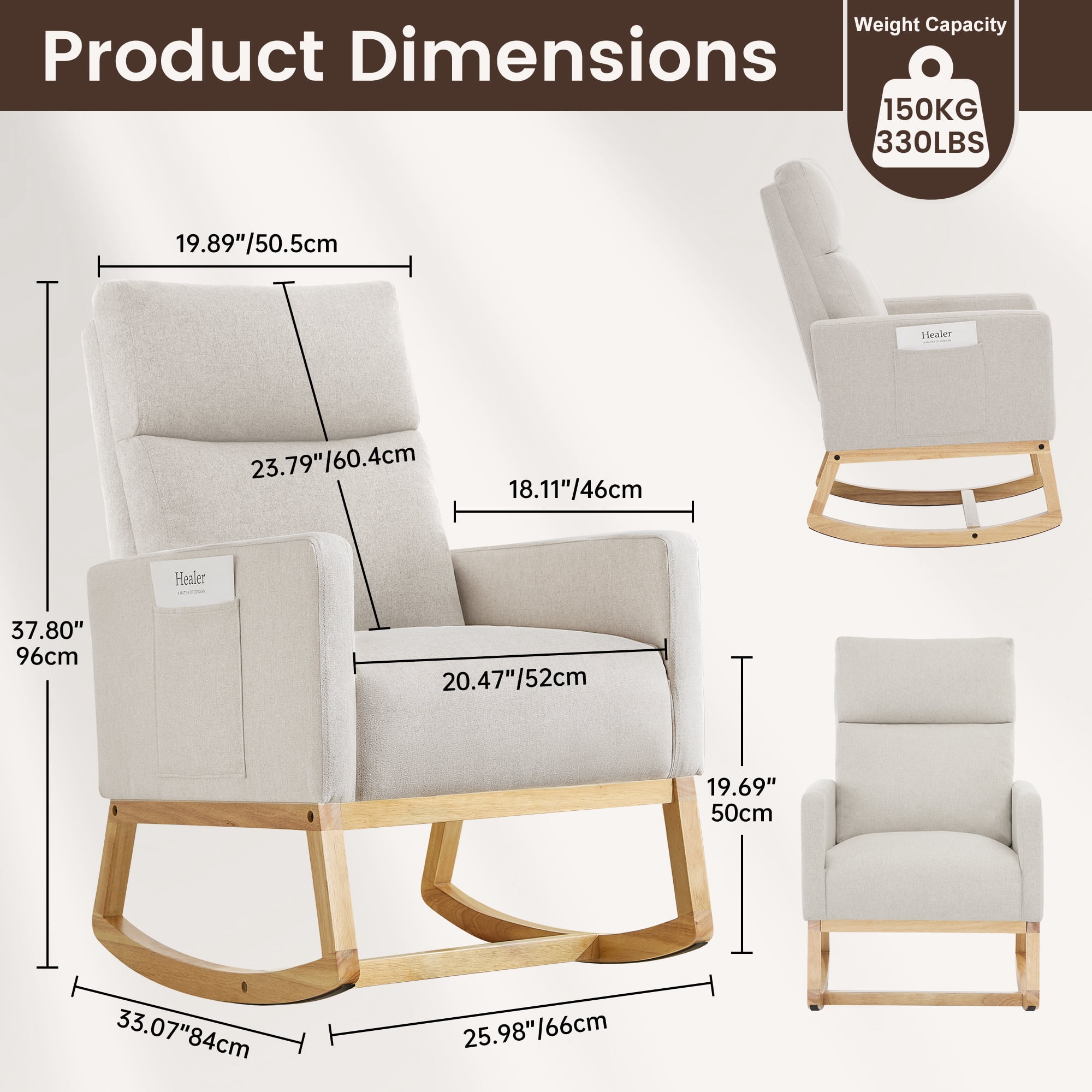 SAETSFEG Rocking Chair Nursery, Comfortable Upholstered Glider Rocker Chairs Indoor for Adults, Mid-Century Modern Nursing Accent Rockers for Living Room, Bedroom, Ivory