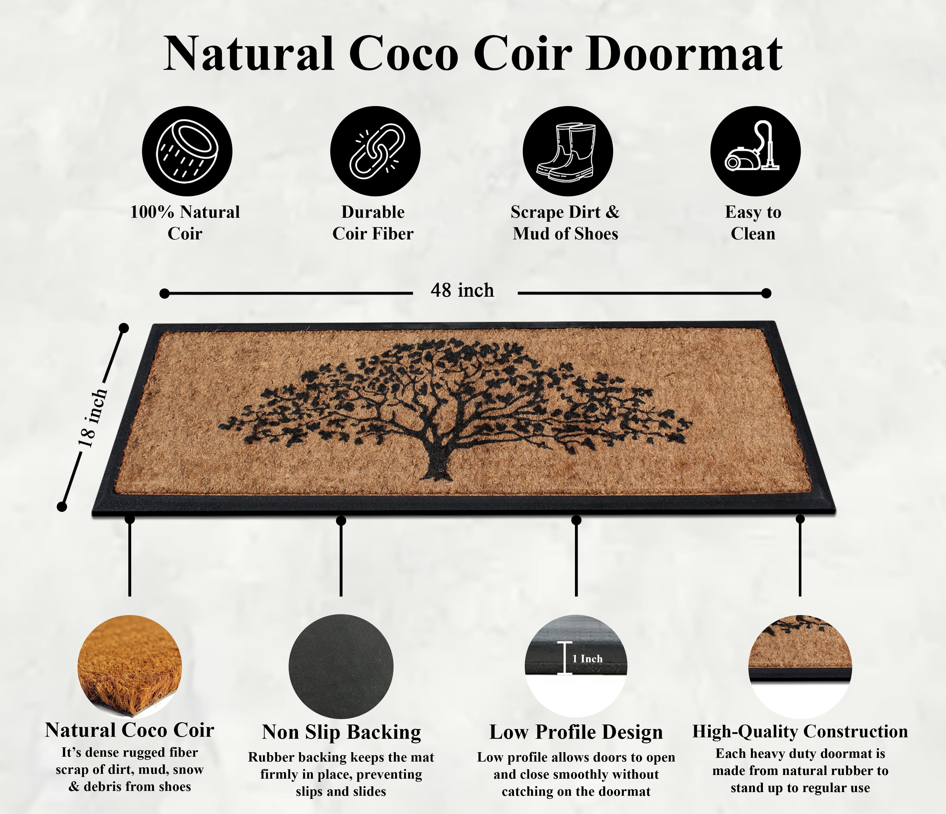 A1HC Natural Coir and Rubber Flocked Large Door Mat, Thick Durable Doormats for Indoor Outdoor Entrance,Heavy Duty,Thin Profile Door Mat, Long Lasting Entry Doormat,18"x48", National Oak Tree Black