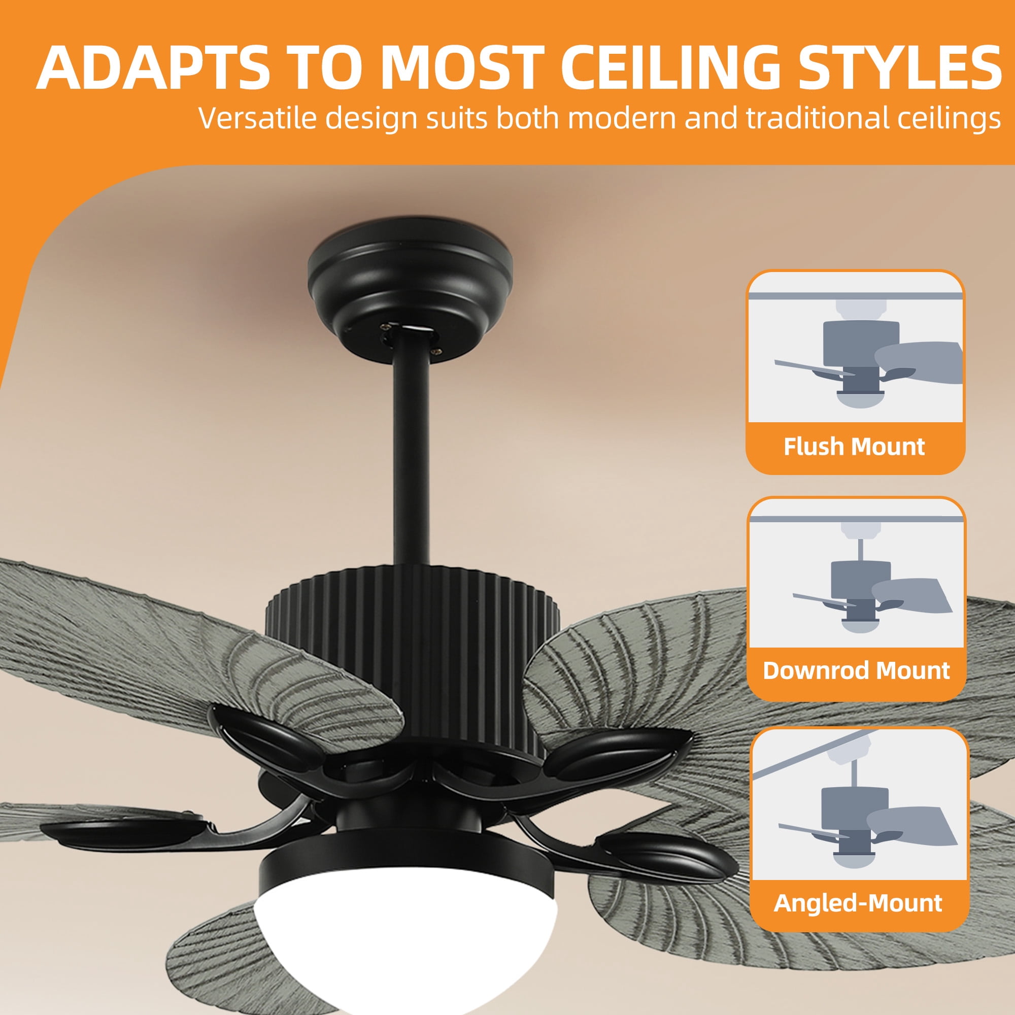 Craftian 44"  Tropical Ceiling Fan with Lights and Remote,5 Palm Leaf Blades, 3-Color LED, Timer & Memory, Indoor/Outdoor - Gray