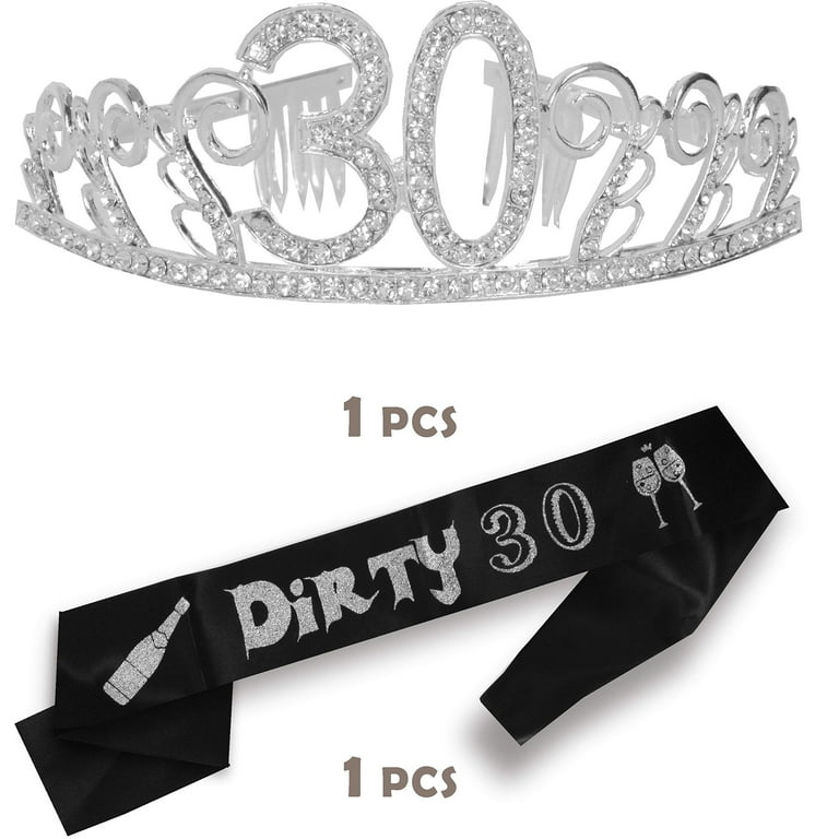 MEANT2TOBE 30th Birthday Glitter Sash and Silver Rhinestone Tiara