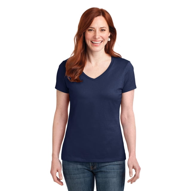 Camiseta Hanes Nano-T de algodón con cuello en V para mujer S04V Vintage azul marino XS