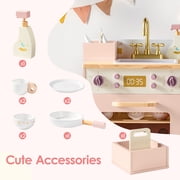 Robud Wooden Dishwasher Playset for Kids - Pretend Kitchen Sink with Faucet, Turning Knobs, Dish Rack & Tableware for Toddler Role Play Toy Ages 3+, Pink