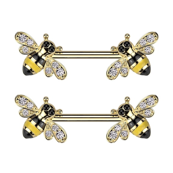 2PCS Surgical Steel PVD Gold 14G Nipple Ring Crystal CZ Honey Bee Nipple Barbell Shield Dainty Body Piercing Jewelry 14mm 9/16 Inch