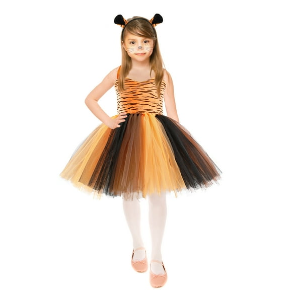 Odeerbi Toddler Girls Halloween Tulle Skirt Set Tiger Dress Up Clothes Kids Fashion Cute Role Play Party Clothing Princess Dress Headband Tail Set Orange