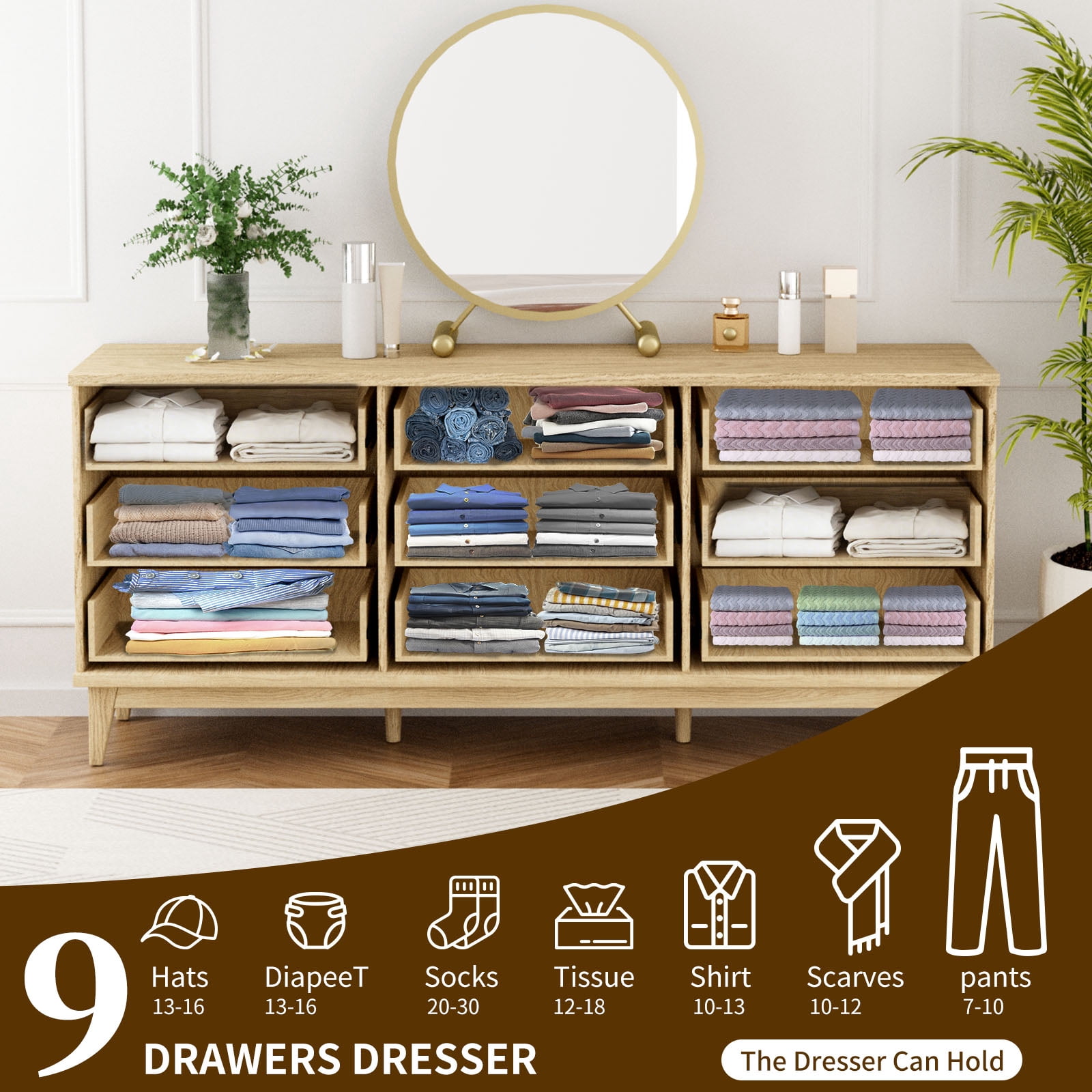 SHGJ&SOFT Fluted Dresser for Bedroom with 9 Drawers, 56.7" Wide Chest of Drawers, Gold Handle, Dresser TV Stand, Modern Wooden Dresser, Storage Organizer for Bedroom, Living Room, Entryway