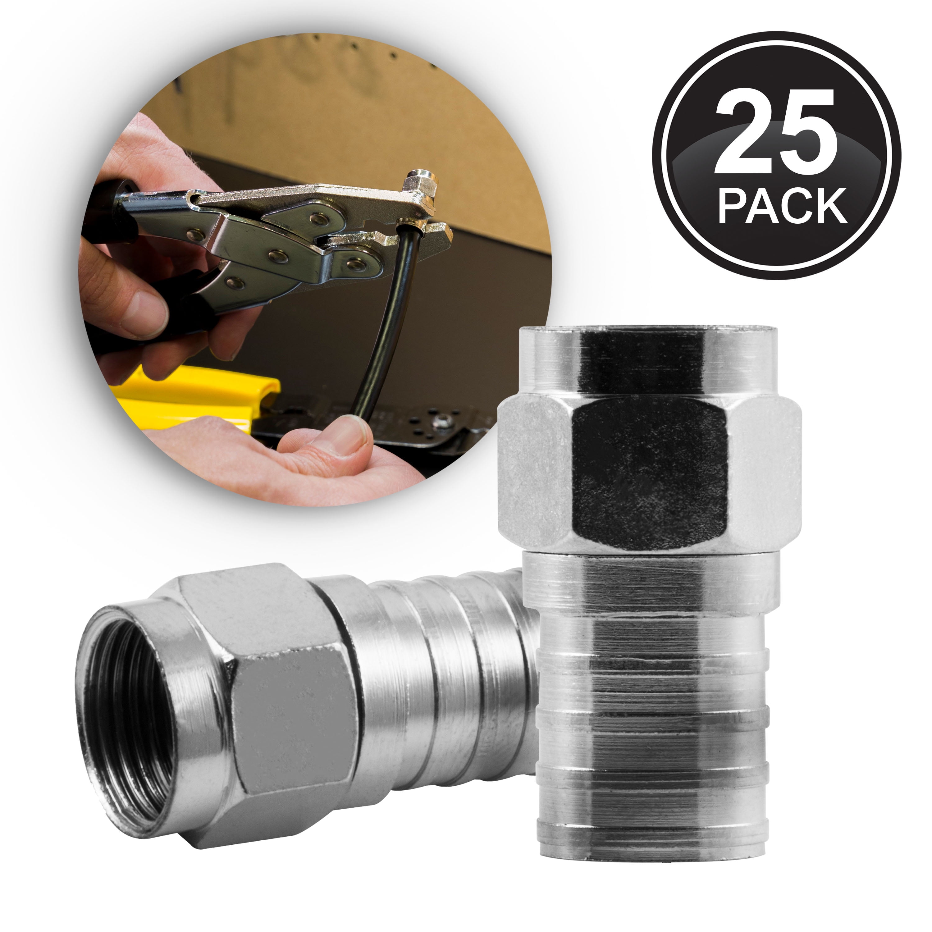 GE RG6 CrimpOn Coax Connectors, 25pk