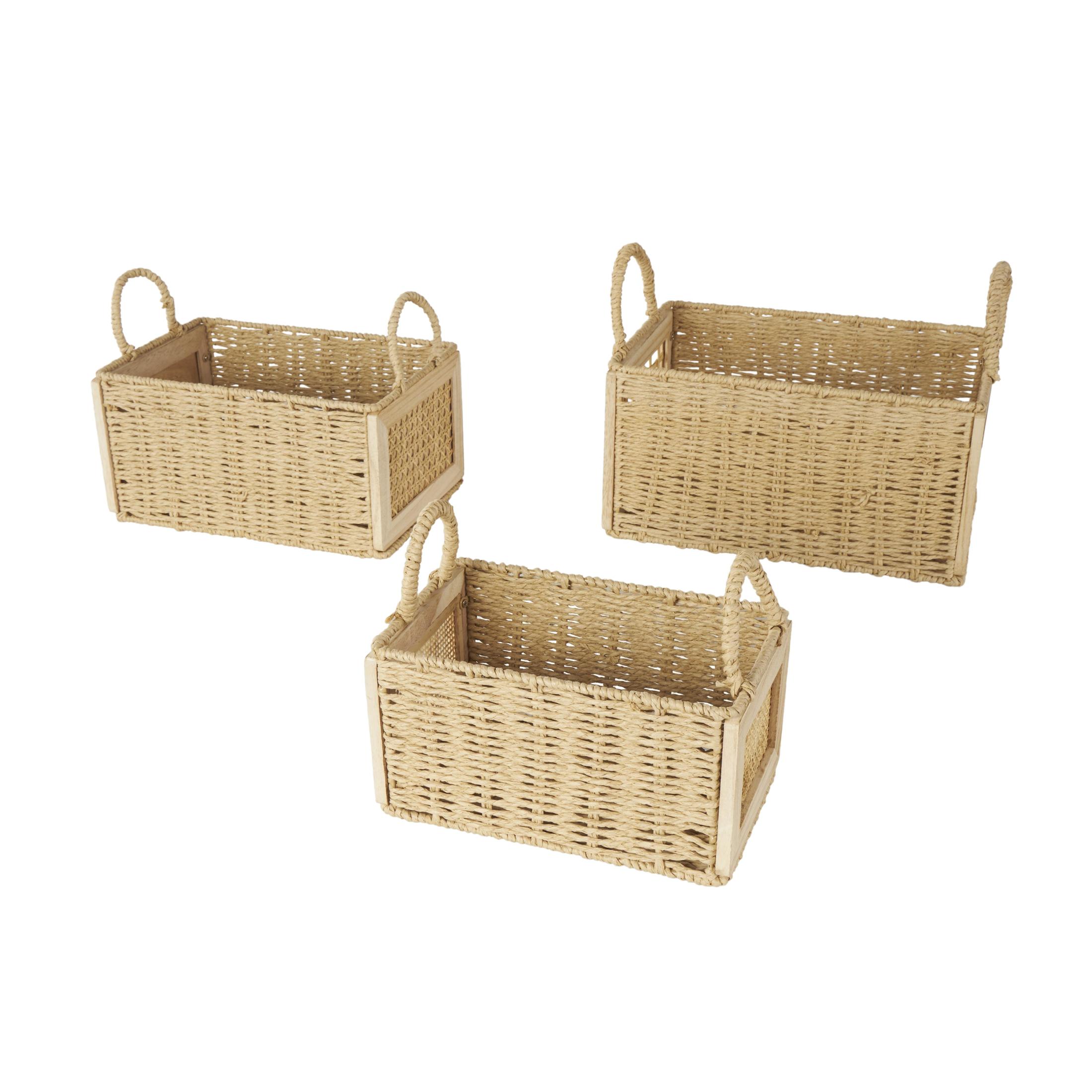 DecMode 14", 12", 11"W Brown Rattan Woven Storage Basket with Rope Handles, 3-Pieces