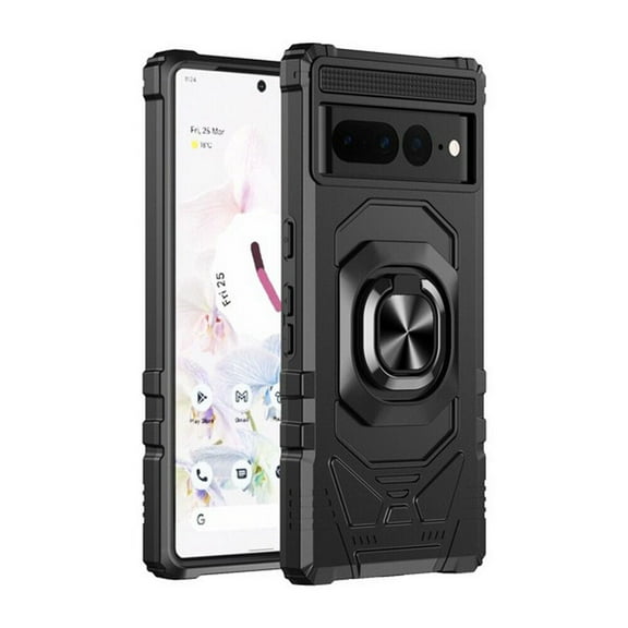 Kaleidio Case For Google Pixel 7 (2022) [Robotic Hybrid] Rugged Shockproof [Ring Stand] Magnetic Armor Impact Cover [Black/Black]
