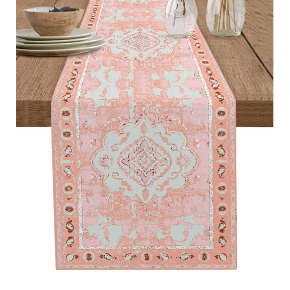 Pink Boho Ethnic Table Runners 60 Inches Long, Cotton Linen Fabric Table Runner Dresser Scarf, Vintage East Oriental Tribal Antique Tablerunner for Party/Kitchen/Dinner/Wedding Decor 13''x60''