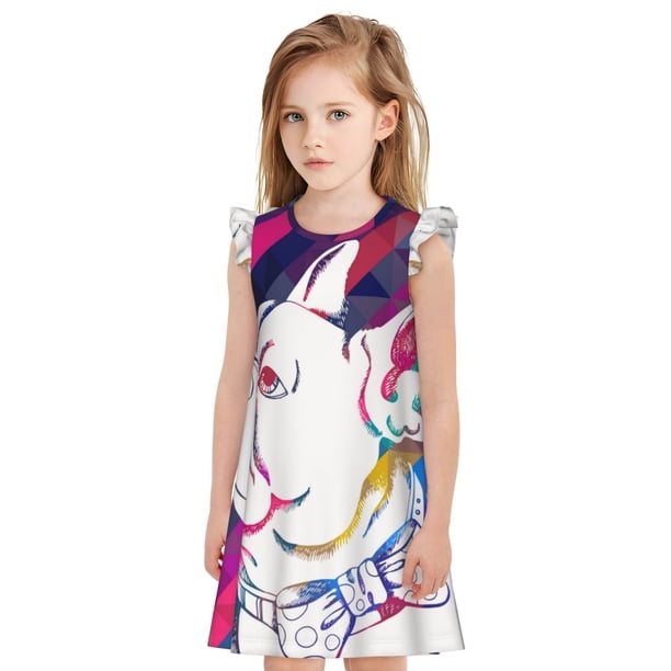Fotbe Colorful Bulldog Vestido de Dormir para Niñas de 3 a 10 Años, Mangas Cortas, Estilo Princesa, Pijama Camisón con Mangas Voladas-Large