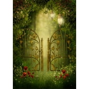 ABPHOTO 5x7ft Photography Backdrop Fairytale Gate on Green Meadow with Lanterns and Flowers Backdrops for Photo Shoots Lovers Party Game Adult Kids Baby