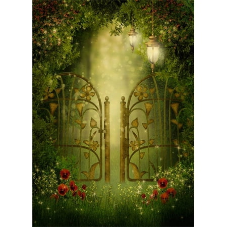 ABPHOTO 5x7ft Photography Backdrop Fairytale Gate on Green Meadow with Lanterns and Flowers Backdrops for Photo Shoots Lovers Party Game Adult Kids Baby