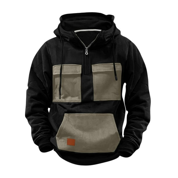 pstuiky camisas de manga larga para hombre, Sudadera con capucha y cremallera para hombre, estilo patchwork, para entrenamiento, deportes al aire libre, con múltiples bolsillos, chaquetas de invierno