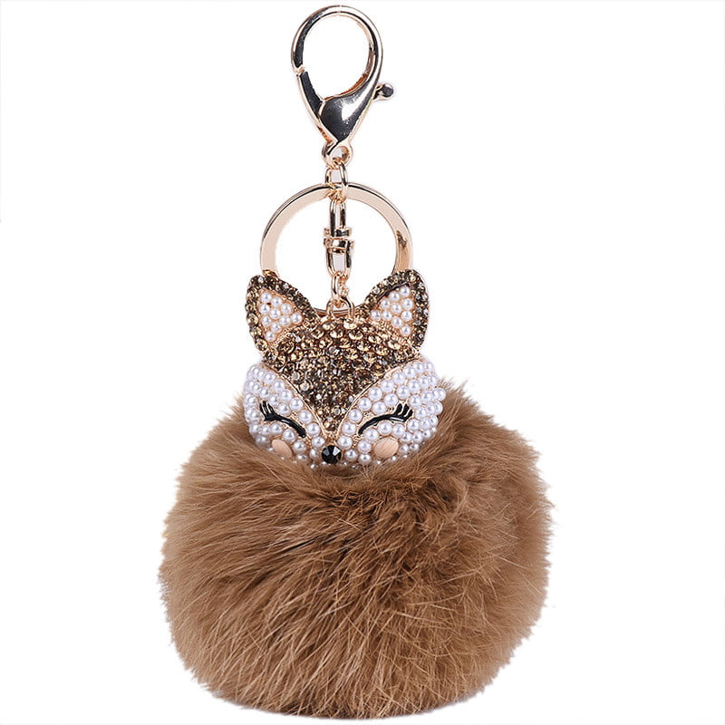 Cute Fox Pearl Furry Ball Key Chain Keyring Rhinestone Pedant Faux Fur Bag Decor