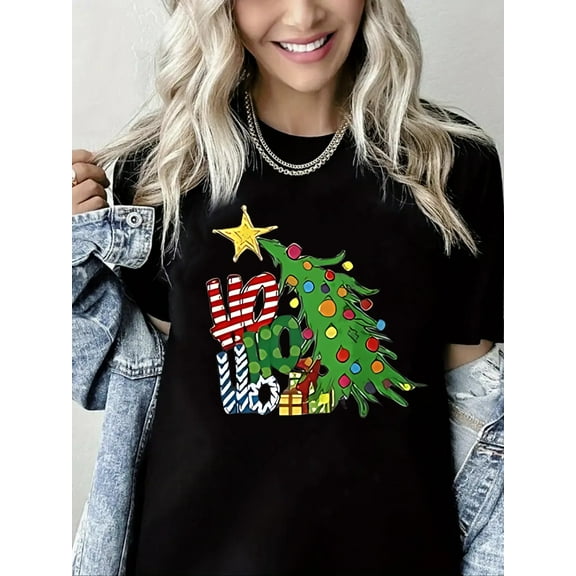 Woman Christmas Shirt Christmas Tree Graphic T-Shirt Pure Cotton Casual Short Sleeve Top