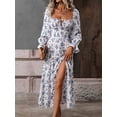thumbnail image 2 of Faithtur Robe Longue pour Femmes, Robe à Manches Longues Col Carré à Nouer Robe Florale Fendue Robe d'Automne, 2 of 5