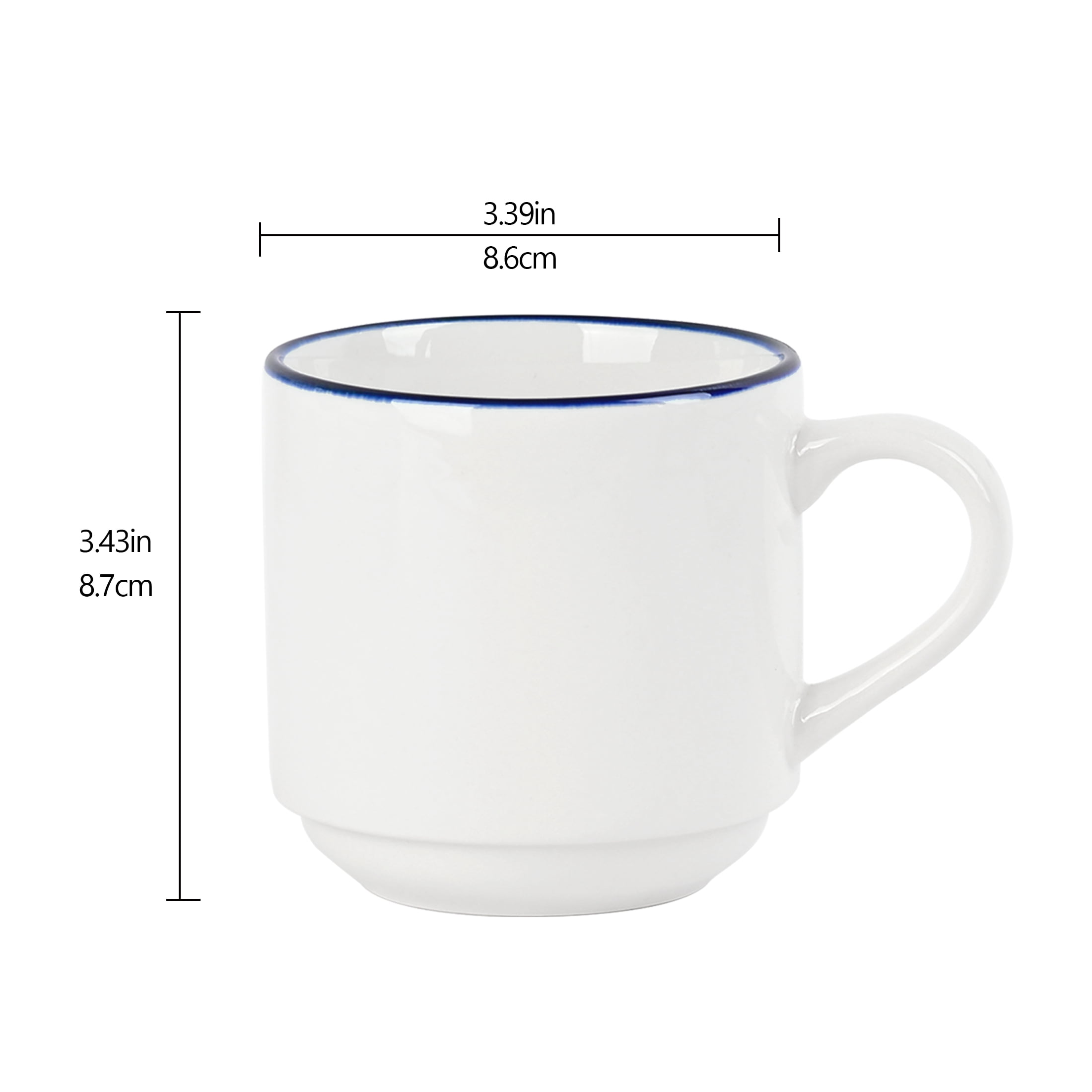 (4 pack) Mainstays White Ceramic Coffee Mug with Blue Rim, 11 oz