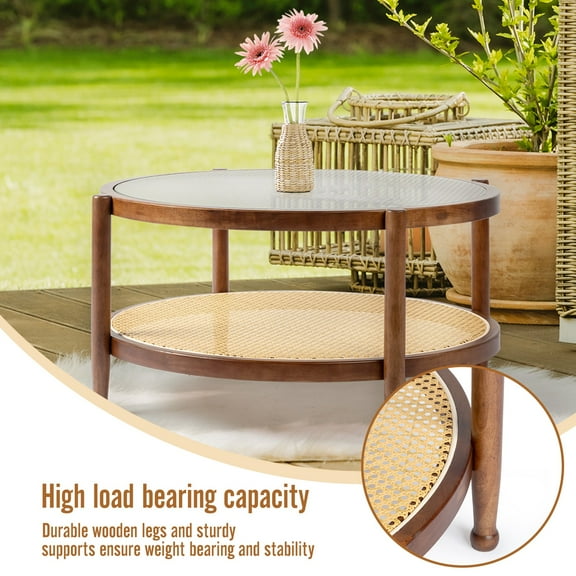 SLSRFD Side Coffee Table 31" Round Outdoor Double Layer Walnut with Storage Open Shelf