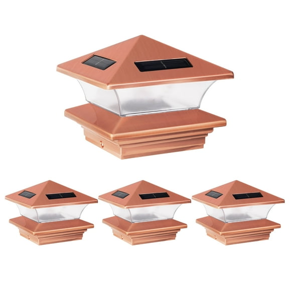 Quicdeer Solar Post Cap Lights，Post Lights Outdoor 4x4 Solar，Easy to install，Working all night，ABS/PS，Suitable for 4x4 Wood，3.5x3.5 PVC/Composite Fence Posts, Deck Posts，Copper Color，4 Pack