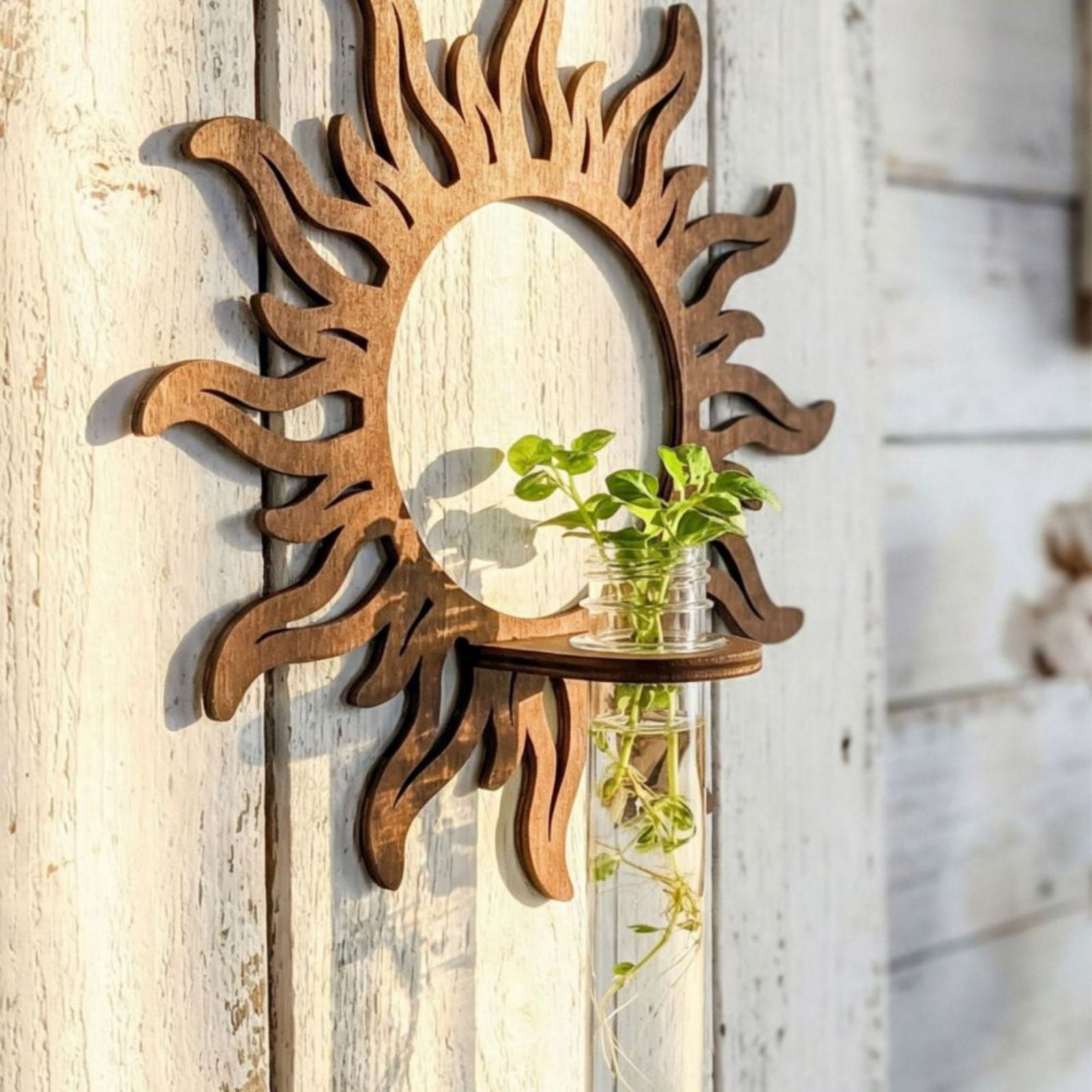 Wooden Sun Shaped Wall Hanging Planter Propagation Station Glass Flower Vase for Hydroponics Plants, Bathroom, Home Office Living Room Decor Gift