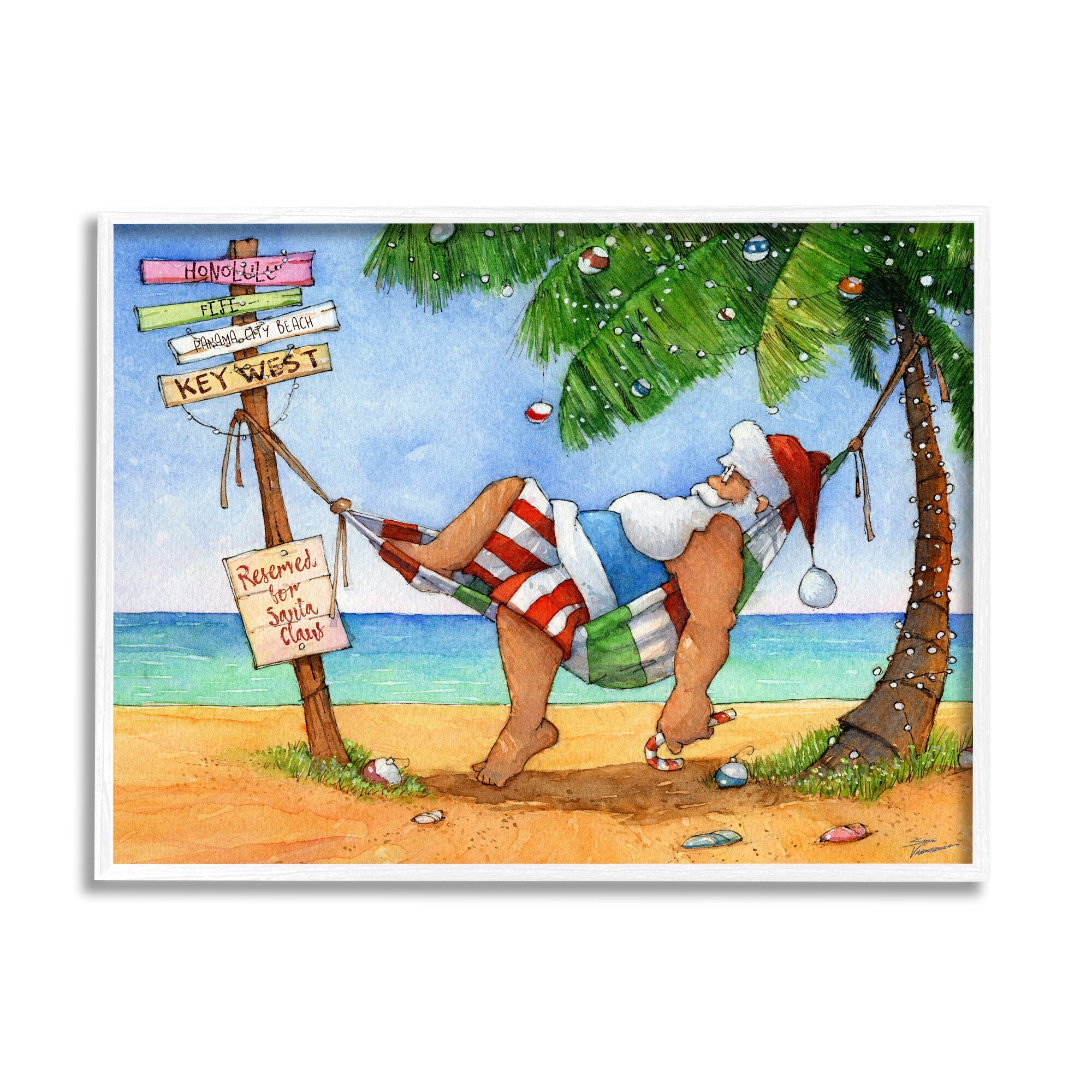 Tropical Santa Claus Resting Hammock Festive Palm Tree Holiday Painting Framed Art Print Wall Art