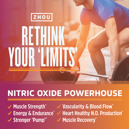 Zhou Nitric Oxide with L Arginine, Citrulline Malate, AAKG and Beet Root | Muscle Builder for Strength, Blood Flow and Endurance | 30 Servings, 120 Veggie Caps