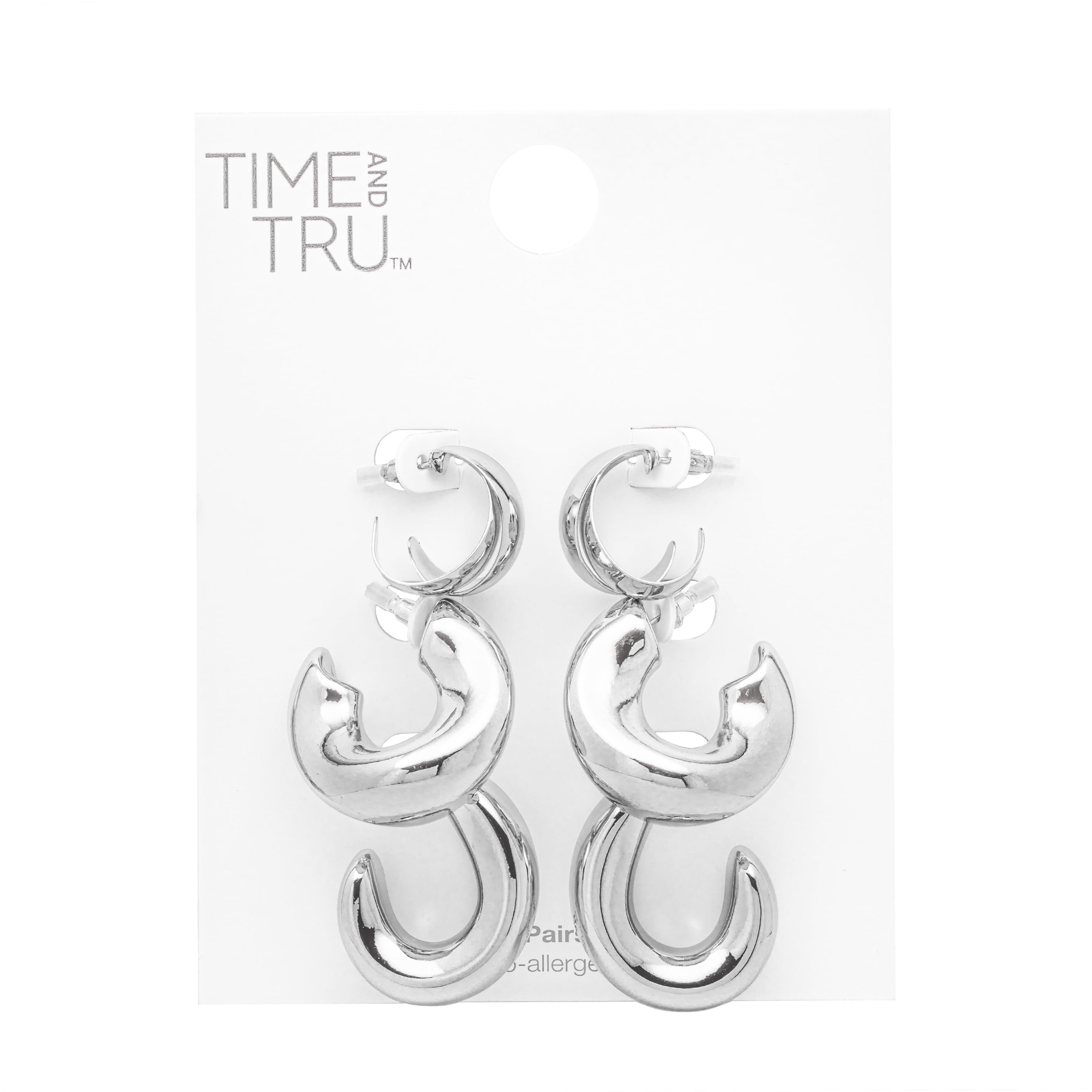 Time and Tru Women's Rhodium Tone Set of 3 Chunky Hoop Earrings
