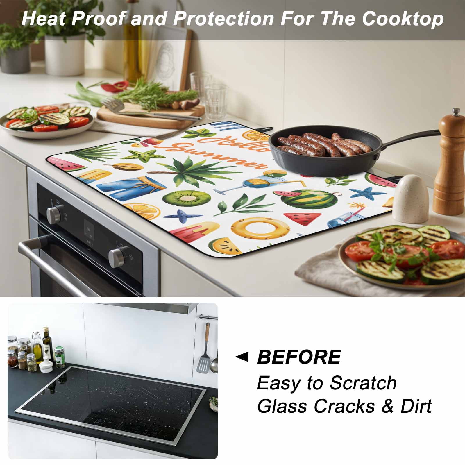 Summer Beach Stove Top Cover for Electric Stove, Heat-proof & Non Slip Glass Top Stove Cover Protector, Tropical Coconut Watermelon Lemon Flamingo Kitchen Flat Cooktop Rubber Mat 24x21 Inches
