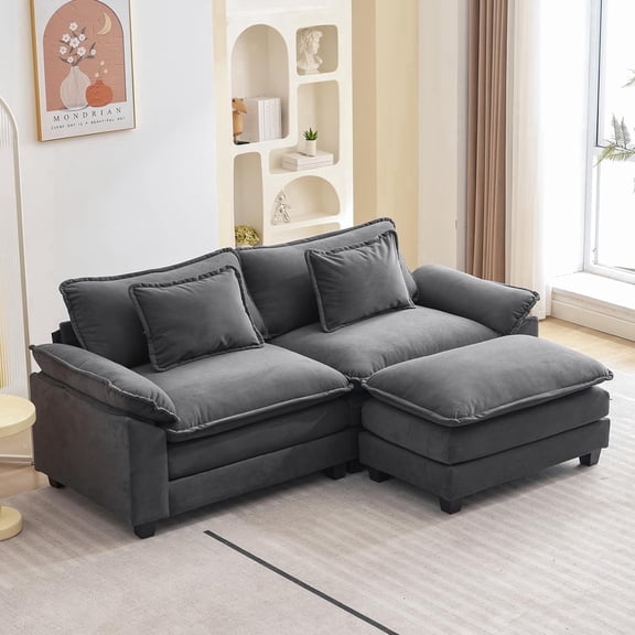 IPKIG Sectional Sofa Comfy Cloud Couch for Living Room with Pillows, Modern Velvet Sofa Sleeper Deep Couches with Ottoman (Grey, 3-Seat)