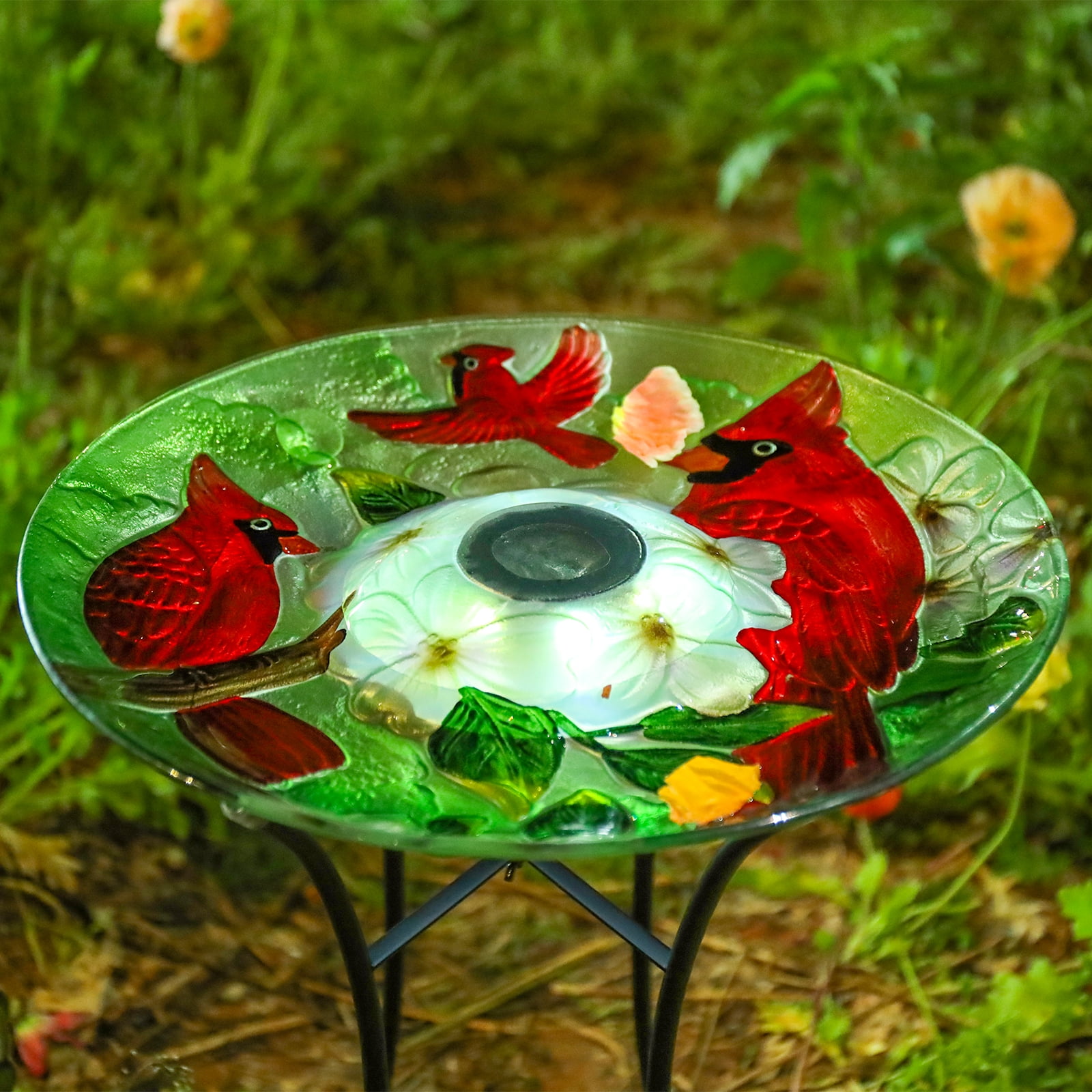 Outdoor Bird Bath, Solar Bird Bath, Red Bird Pattern, with Metal Stand, Attracts Birds,for Garden,Lawns,Patio