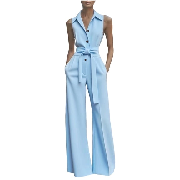 Dazajoo Women's Business Casual Jumpsuit with Belt Dressy Sleeveless Button Down Lapel Rompers Office Work Wide Leg Elegant Overalls,Light Blue,S