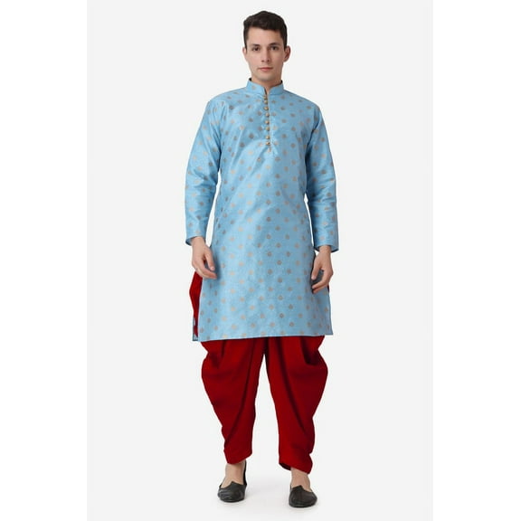 Royal Kurta Elegant Firozi Jacquard Silk Printed Long Kurta and Maroon Salwar for Men