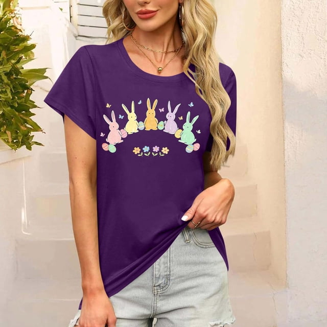 TaTaai Fashion Casual Women T Shirt Cotton Easter Print Crew Neck Short Sleeve Loose Fit Soft Breathable Lightweight Daily Holiday Street Wear Top Gift