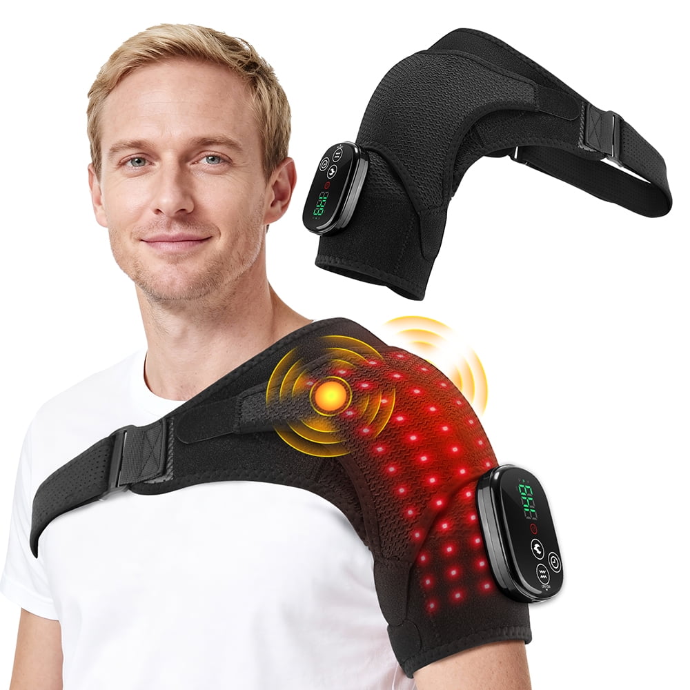 Heated Shoulder Brace Wrap with Massage, Shoulder Heating Pad with 6 Heat Levels, 3 Vibration Modes & 60 Red LED Lights, 5000mAh Rechargeable Cordless Shoulder Massager