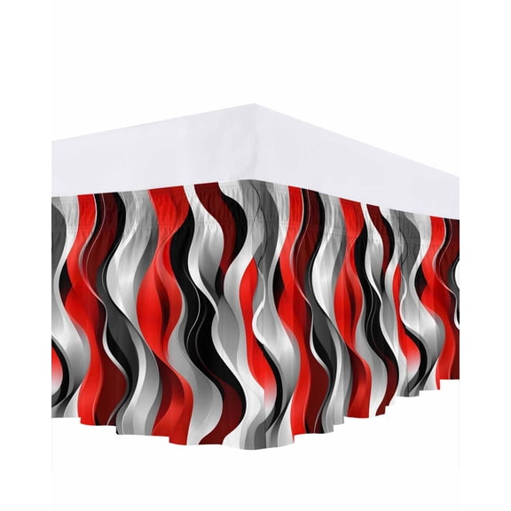 Abstract Wave Line Bed Skirt Queen Size 18" Drop Gray Red Black Stripe Graffiti Ruffled Wrap Around Bed Skirts Adjustable Elastic Bedskirt Dust Ruffle for Queen Size Bed