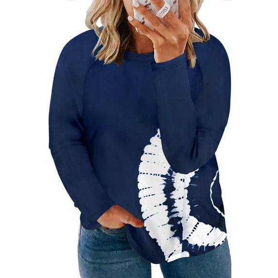 Aleumdr Womens Crew Neck Pullover Plus Size Blue Tie Dye Long Sleeve Loose Fit Blouse 3XL