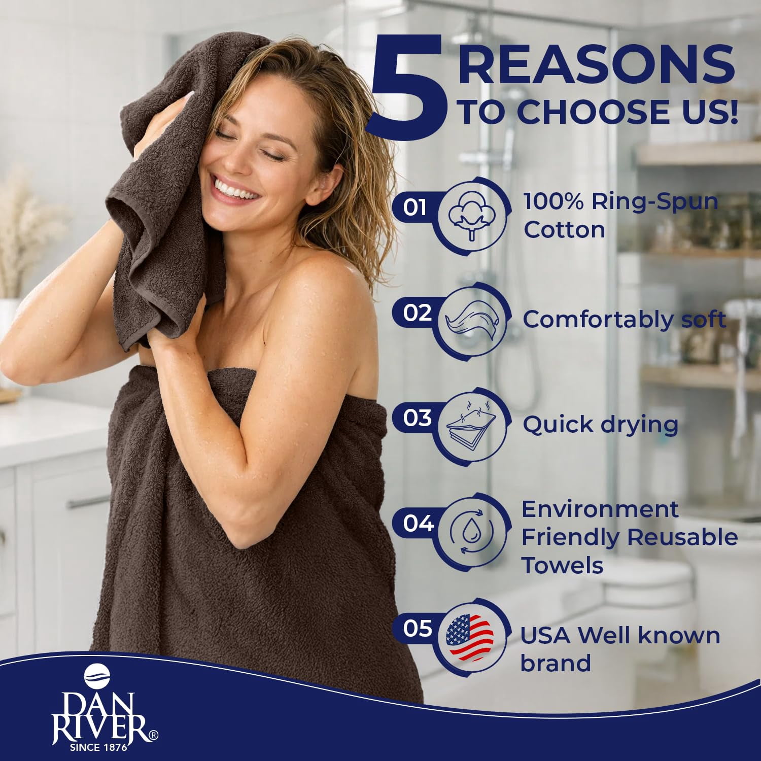 Dan River 8 Piece Towel Set Soft Quick Drying Cotton Bath Towel For Gym, Spa and Bathroom - Brown