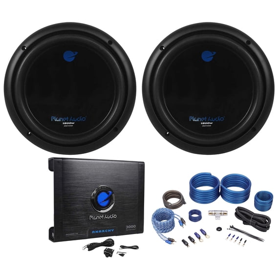 (2) Planet Audio AC10D 10" 3000W Subwoofers + AC3000.1D 3000W Amplifier+Amp Kit